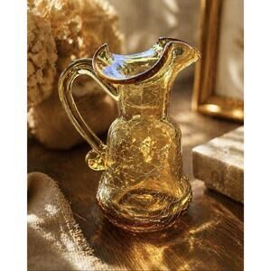 Vtg Amber Iridescent Crackle Glass Pitcher Hand Blown Ruffled Rim Mini Creamer